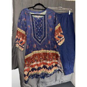 Women's Gold Embroidered Cotton Kurta Tunic Top  Pants Set 3/4 Sleeves Pearls